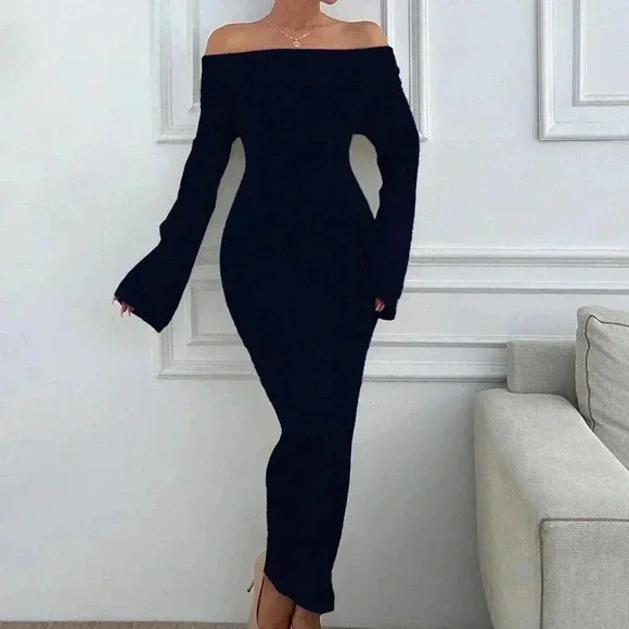 Black Elegant Women's Off Shoulder Sweater Maxi Dress Slim Fit - Picture 7 of 7